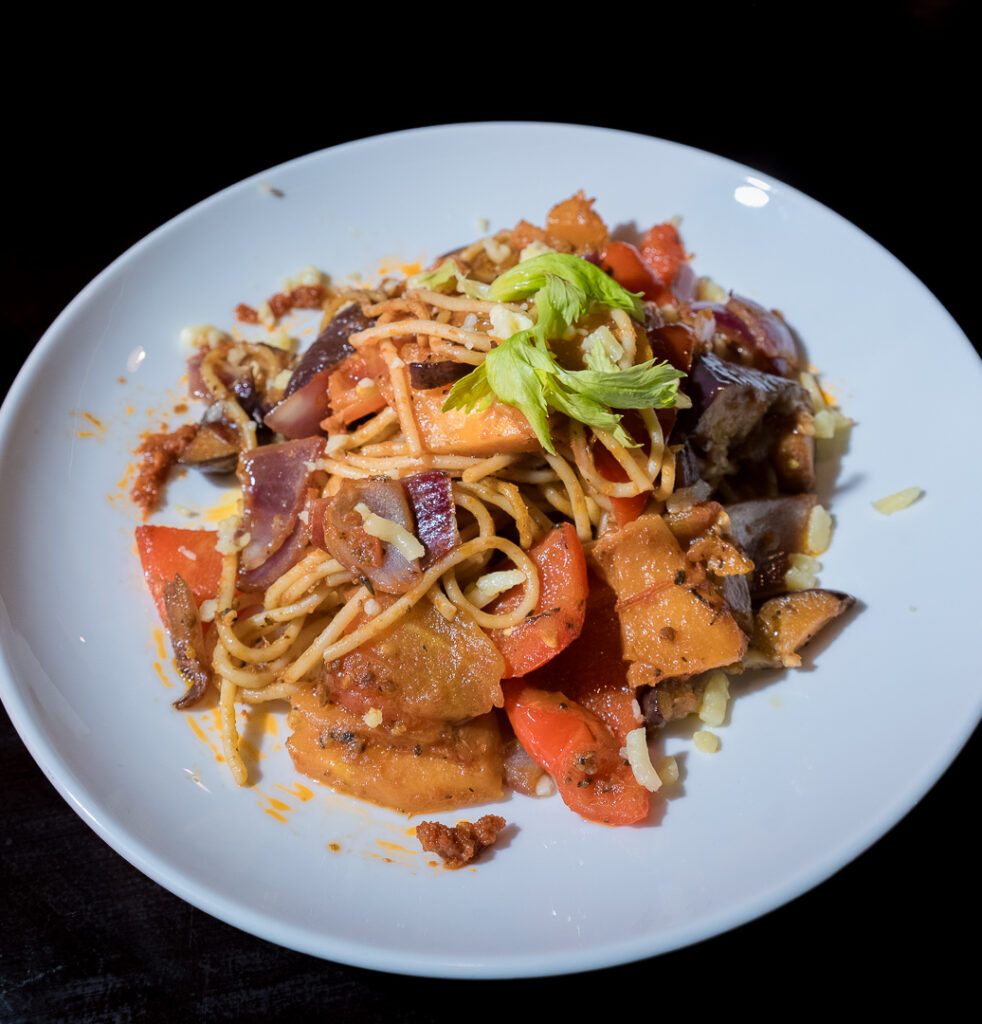 Pasta tossed with roasted vegetables