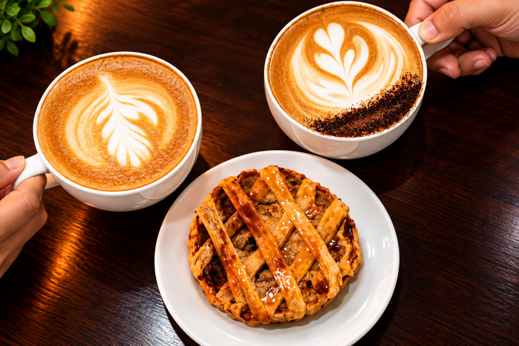 Two lattes with a golden lattice pastry