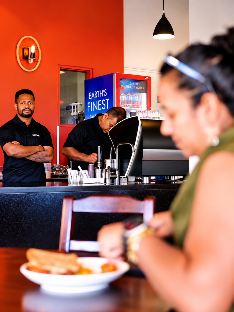 The Elements team behind the counter while a guest enjoys a meal